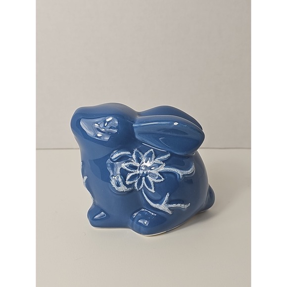 Burton & Burton Blue Ceramic Rabbit Figurine Statue Floral Embossed Designs - Picture 2 of 8